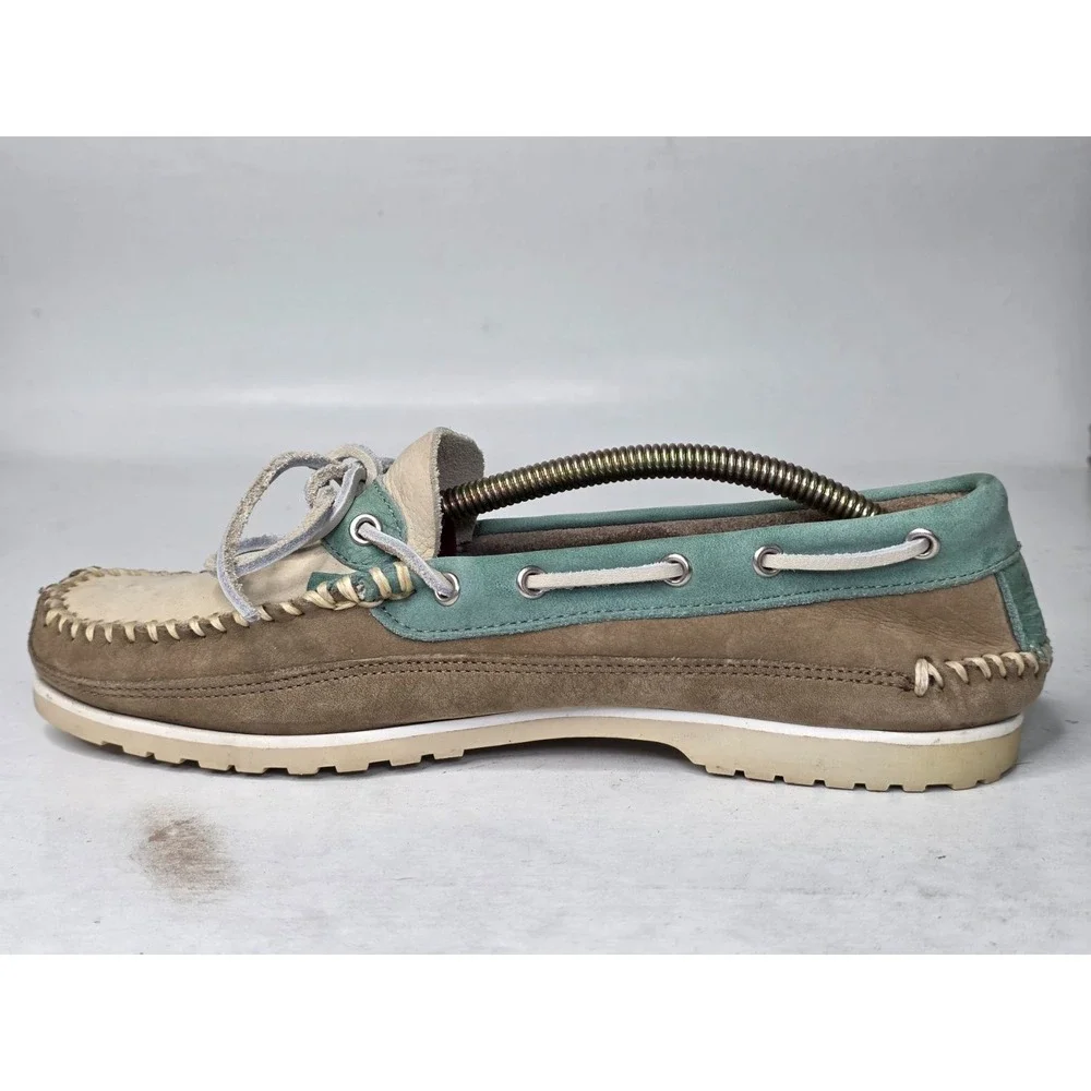 GH Bass Men's Boat Shoes Size 8.5 Brown Teal‎ Beige Suede Slip On Arch Loafers